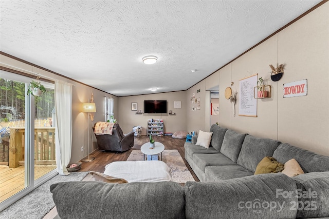 living area with crown molding, a textured ceiling, and wood finished floors