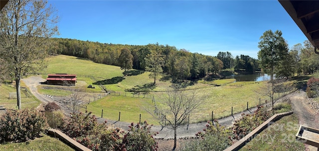 view of yard with a rural view, a water view, and fence