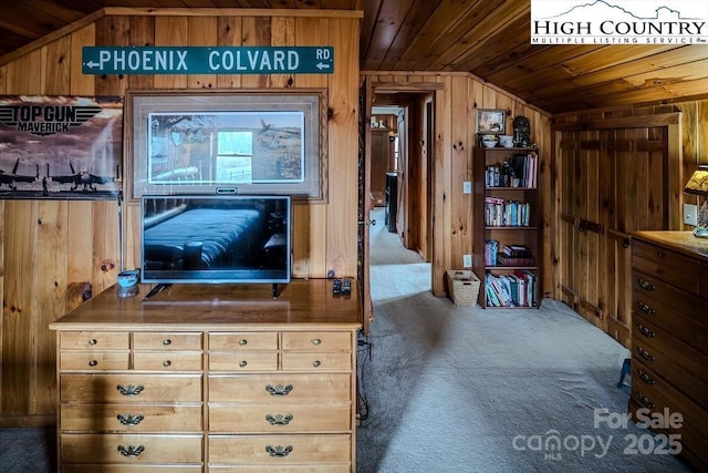 interior space featuring vaulted ceiling, wooden ceiling, and wood walls