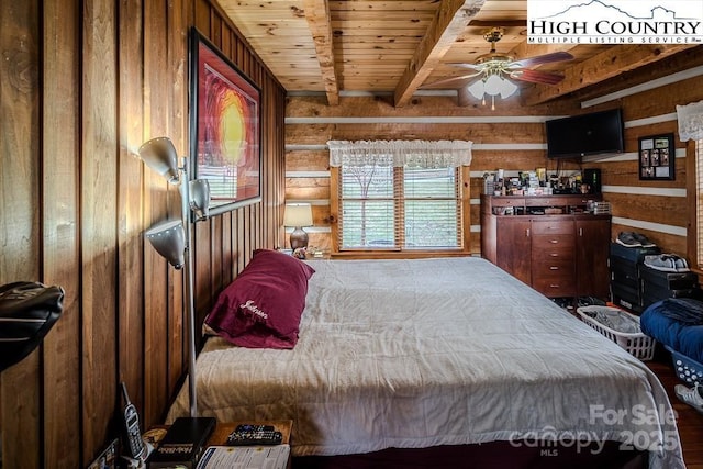 bedroom with wooden ceiling, beamed ceiling, and wooden walls