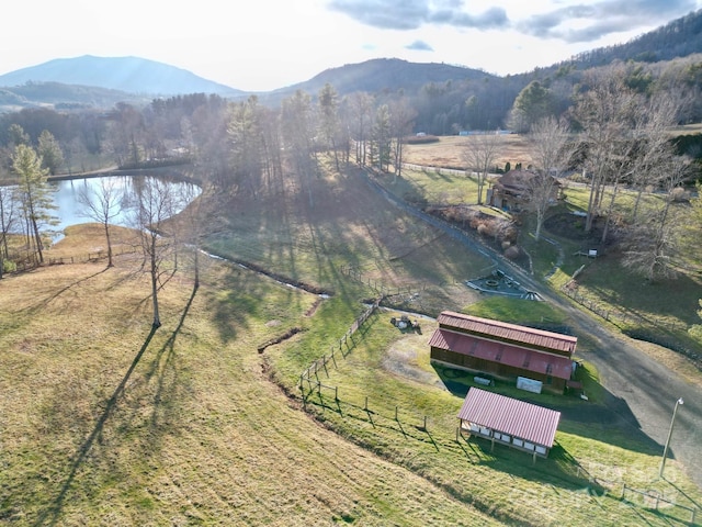 drone / aerial view featuring a rural view, a view of trees, and a water and mountain view