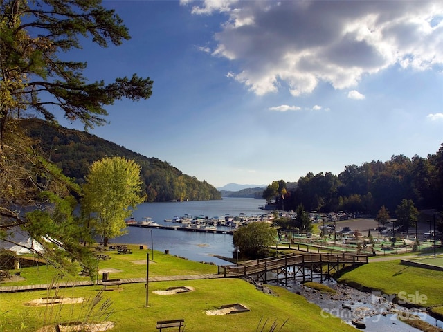 water view featuring a mountain view and a boat dock