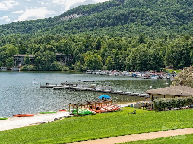 dock area featuring a wooded view, a yard, and a water view