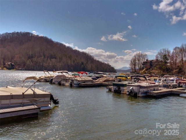 view of dock with a water and mountain view and a view of trees