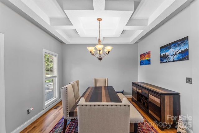 dining area with wood finished floors, visible vents, baseboards, coffered ceiling, and a chandelier