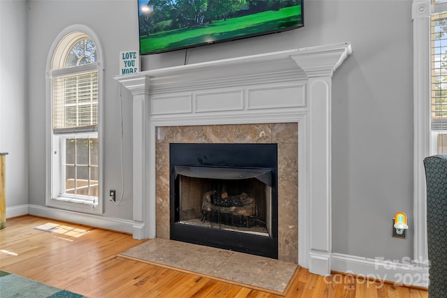 interior details with baseboards, a fireplace with flush hearth, and wood finished floors