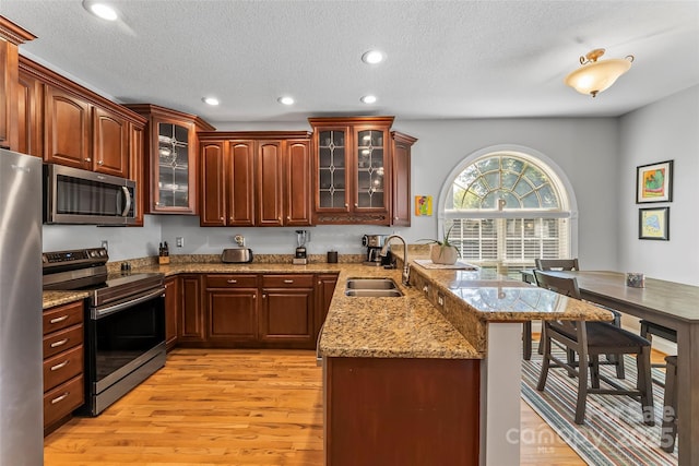 kitchen with a breakfast bar area, light wood-style flooring, a peninsula, stainless steel appliances, and a sink