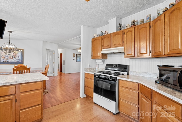 kitchen with range with gas cooktop, light countertops, light wood finished floors, and under cabinet range hood