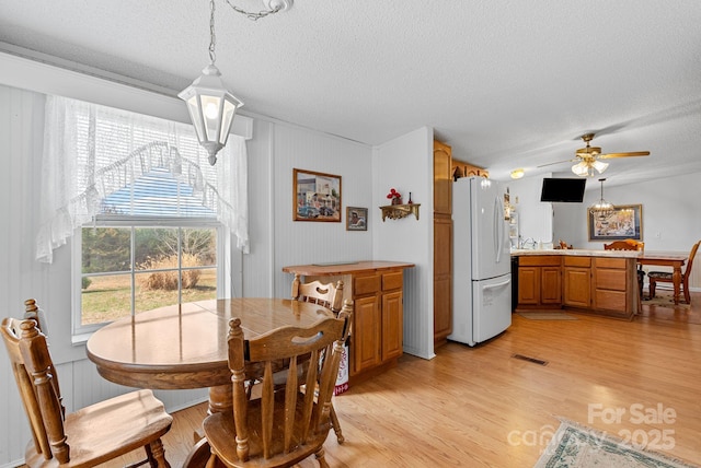 dining room featuring visible vents, a textured ceiling, and light wood finished floors