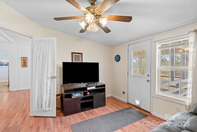 living room featuring vaulted ceiling, a textured ceiling, baseboards, and wood finished floors