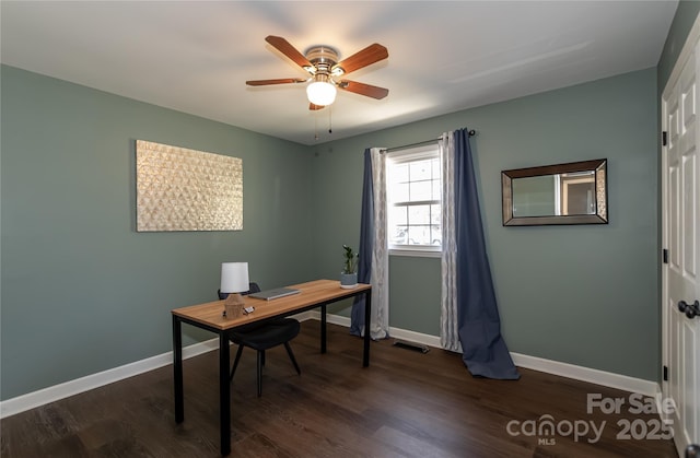 office featuring ceiling fan, dark wood-style floors, visible vents, and baseboards