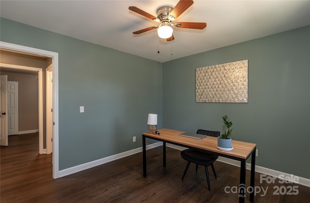 office space with dark wood-style floors, ceiling fan, and baseboards