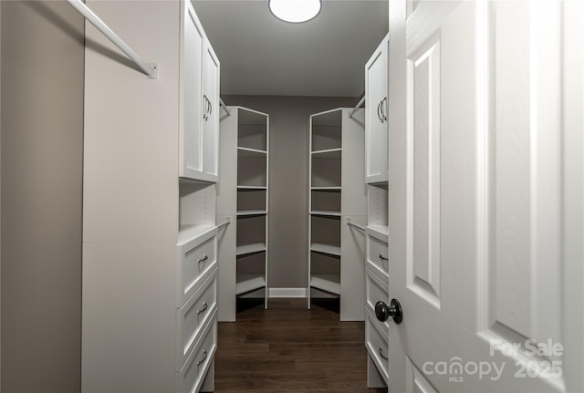 spacious closet with dark wood-type flooring