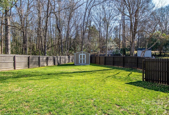 view of yard with an outbuilding, a storage shed, and a fenced backyard