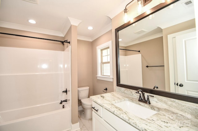 bathroom with marble finish floor, toilet, ornamental molding, washtub / shower combination, and vanity