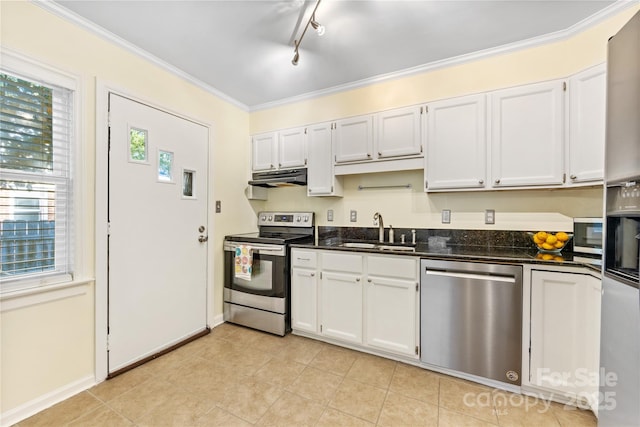 kitchen featuring stainless steel appliances, plenty of natural light, a sink, and under cabinet range hood