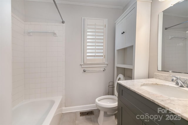 full bath with crown molding, visible vents, toilet,  shower combination, and tile patterned flooring