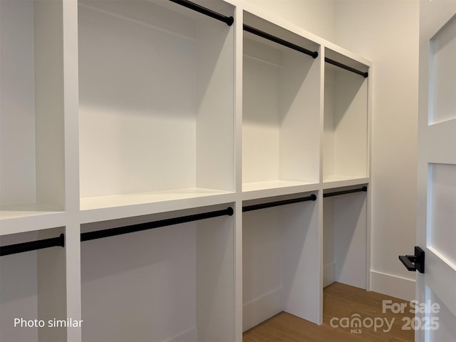 walk in closet with light wood-style floors