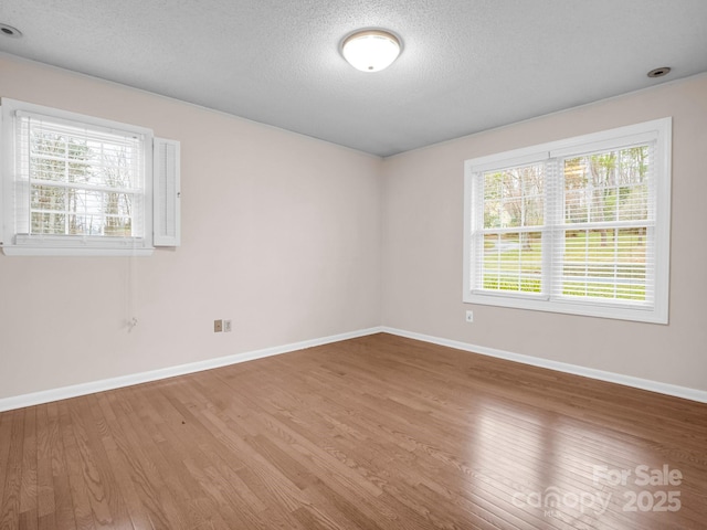 empty room featuring baseboards, wood finished floors, and a textured ceiling