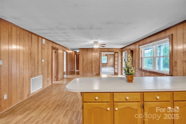 6285 NC-16 Hwy N, Taylorsville, NC 28681 - kitchen featuring wood walls, light countertops, light wood-type flooring, ceiling fan, and a textured ceiling