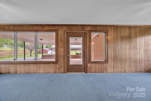 6285 NC-16 Hwy N, Taylorsville, NC 28681 - doorway to outside featuring carpet floors, wooden walls, and a textured ceiling