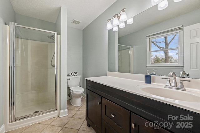 full bathroom with a textured ceiling, tile patterned flooring, toilet, visible vents, and a shower stall