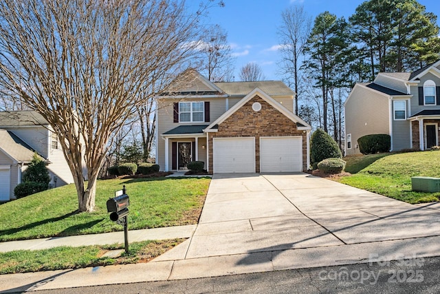 view of front facade featuring a garage, cooling unit, concrete driveway, and a front lawn