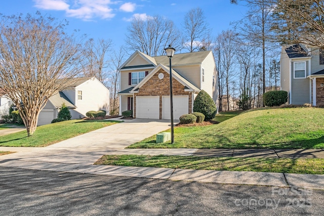 view of front facade featuring concrete driveway, stone siding, a garage, and a front yard