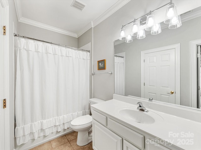 full bath with visible vents, toilet, ornamental molding, tile patterned flooring, and vanity