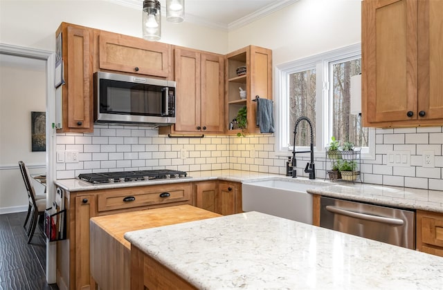 kitchen featuring a sink, crown molding, decorative backsplash, and stainless steel appliances
