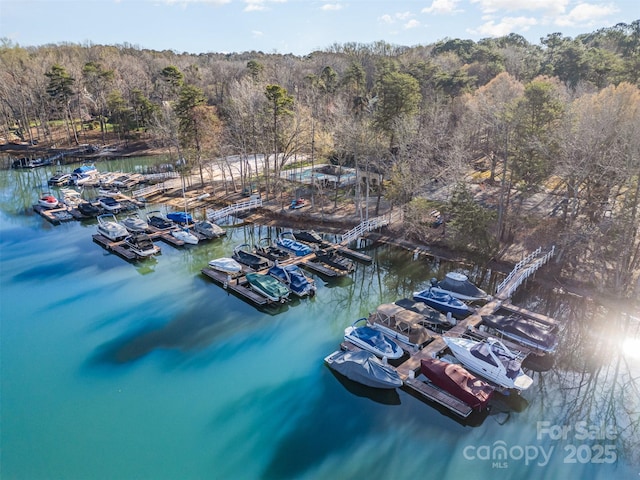 birds eye view of property with a forest view and a water view
