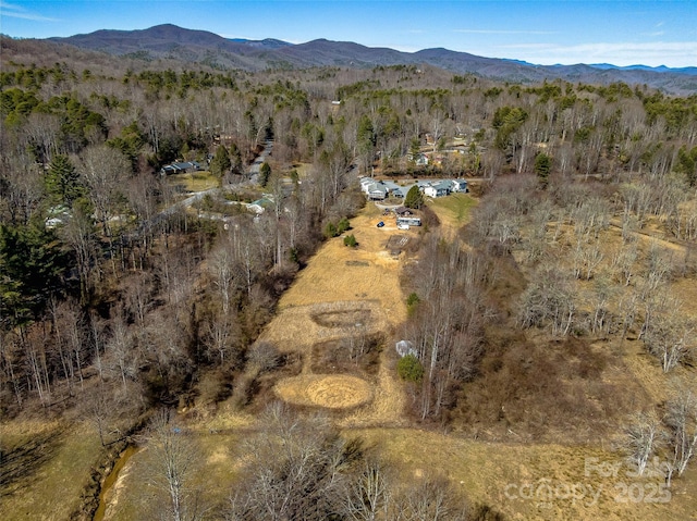 drone / aerial view with a forest view and a mountain view