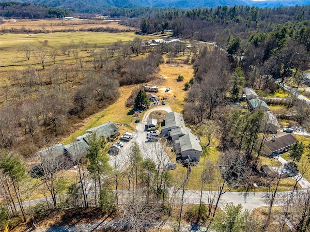 bird's eye view with a wooded view and a rural view