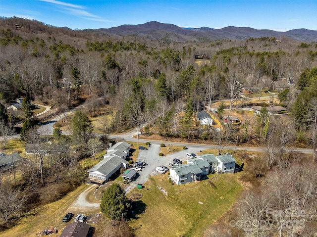 aerial view with a mountain view and a wooded view