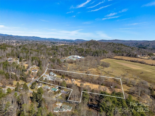 birds eye view of property featuring a wooded view and a mountain view