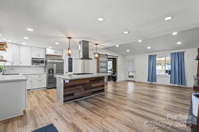 kitchen featuring a barn door, island range hood, a sink, white cabinetry, and appliances with stainless steel finishes