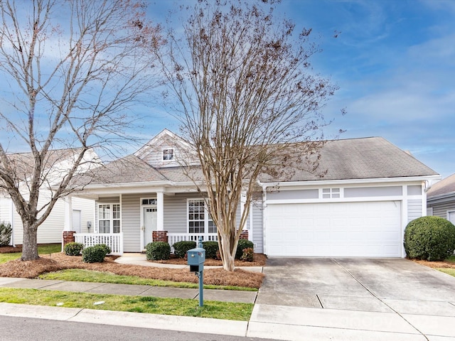 view of front facade with a garage, covered porch, roof with shingles, and concrete driveway