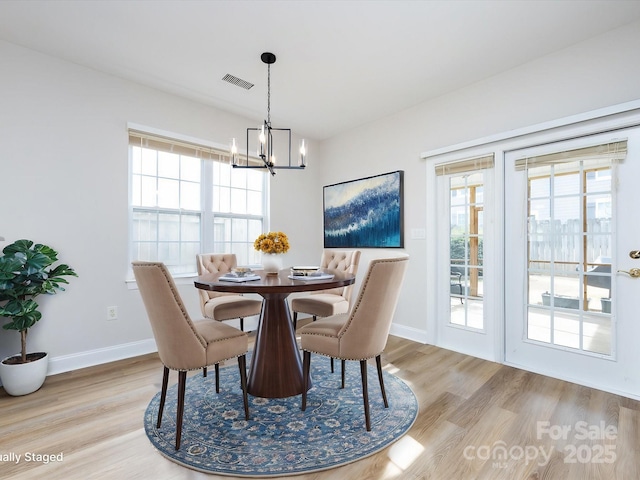 dining area with light wood-type flooring, plenty of natural light, and visible vents