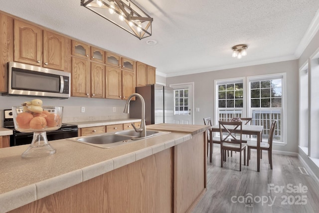 kitchen with ornamental molding, stainless steel appliances, a textured ceiling, light wood-type flooring, and a sink