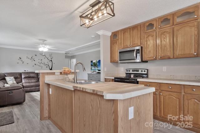 kitchen featuring glass insert cabinets, open floor plan, stainless steel appliances, crown molding, and a sink