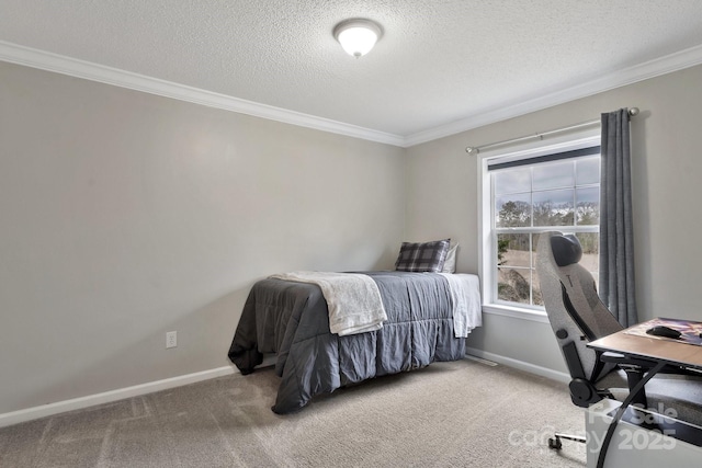 bedroom featuring carpet flooring, crown molding, a textured ceiling, and baseboards