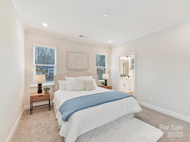 bedroom featuring light colored carpet, visible vents, and ornamental molding