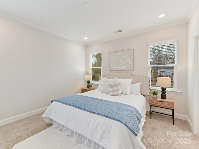 bedroom featuring visible vents, crown molding, carpet floors, baseboards, and recessed lighting