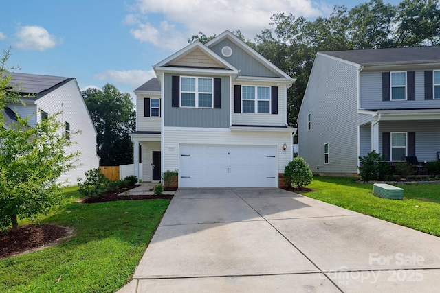 view of front of house with concrete driveway, a front lawn, board and batten siding, and an attached garage