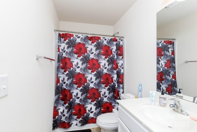 full bathroom featuring vanity, toilet, and a shower with curtain