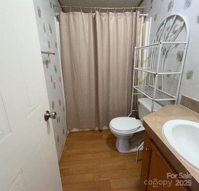 bathroom featuring vanity, toilet, and wood finished floors