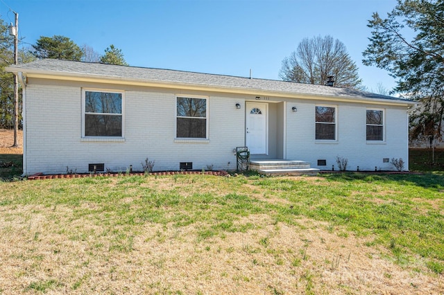 single story home with crawl space, a front lawn, and brick siding