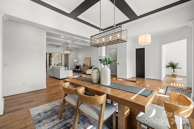 dining space featuring baseboards, beam ceiling, recessed lighting, wood finished floors, and coffered ceiling