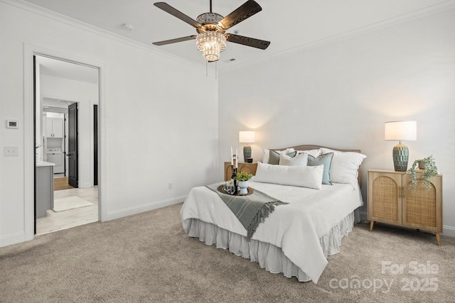 bedroom with visible vents, baseboards, ceiling fan, ornamental molding, and light colored carpet