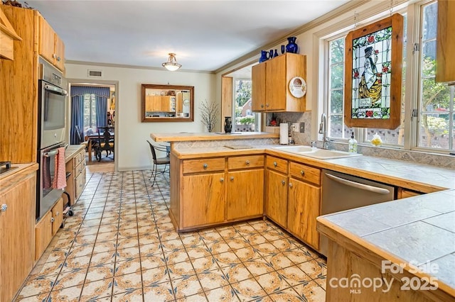 kitchen featuring a peninsula, stainless steel appliances, crown molding, a healthy amount of sunlight, and a sink